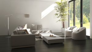 White and grey style living room with symmetrical furniture layout